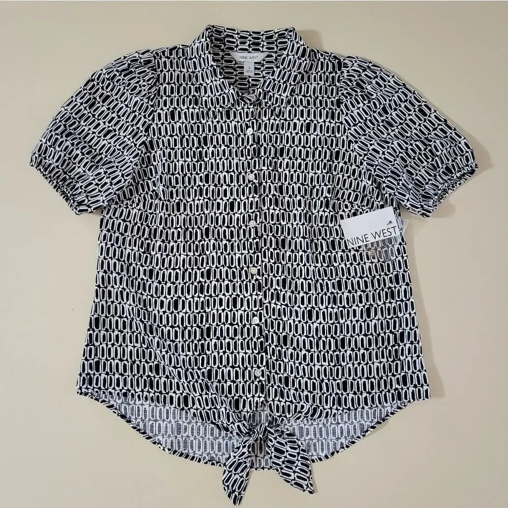 Nine West Women's Black and White Geometric Print Button-Down Tie Blouse